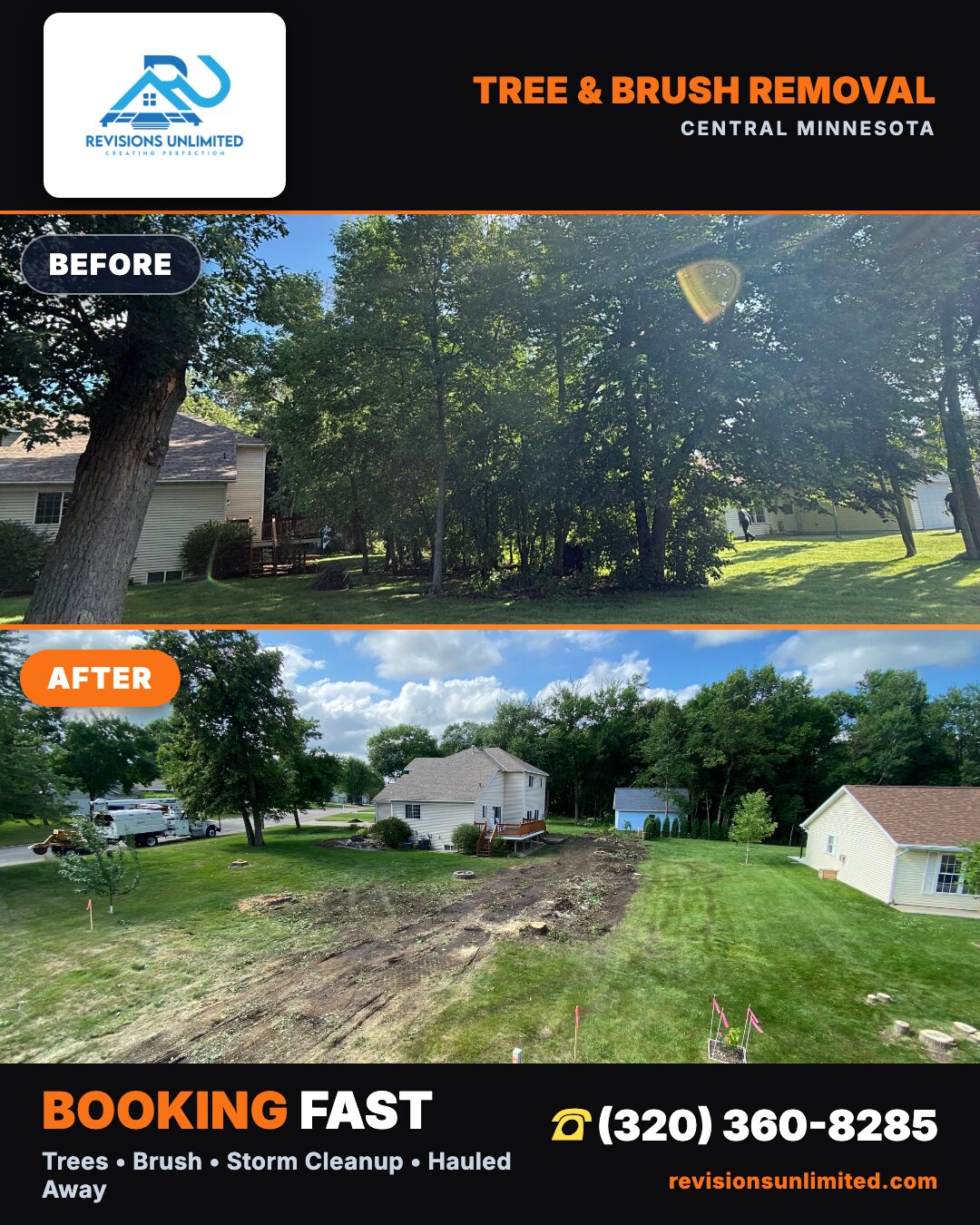 Before and after tree and brush removal in St. Joseph, MN by Revisions Unlimited