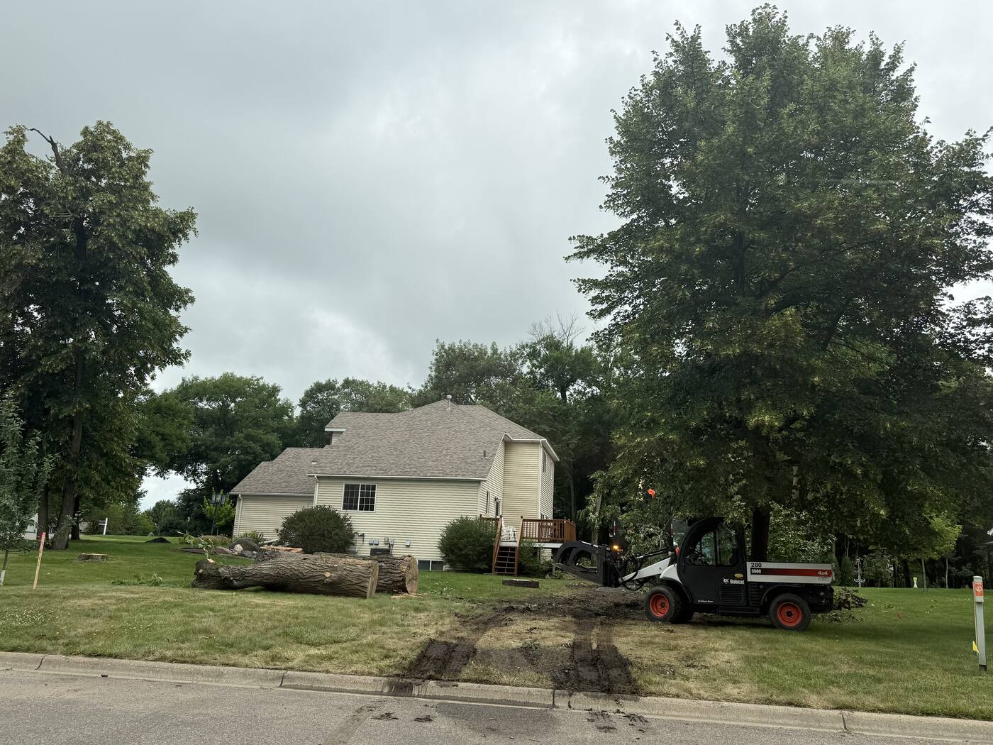 Hauling massive trunk sections across the yard — tree removal in St. Joseph, MN